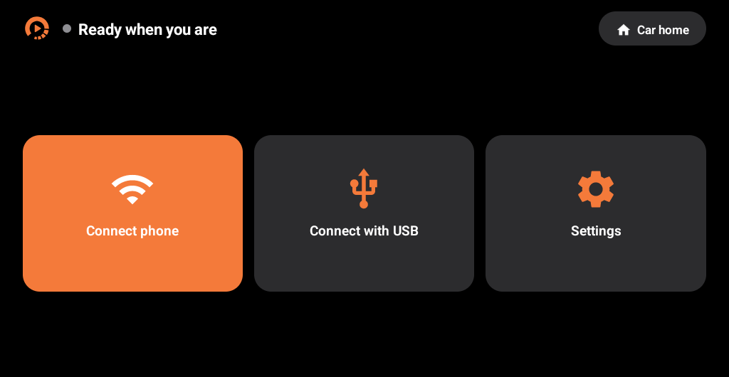 Home screen with Connect phone, Connect with USB and Settings
